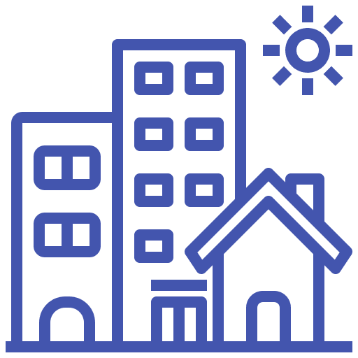 A blue drawing of buildings and a sun.